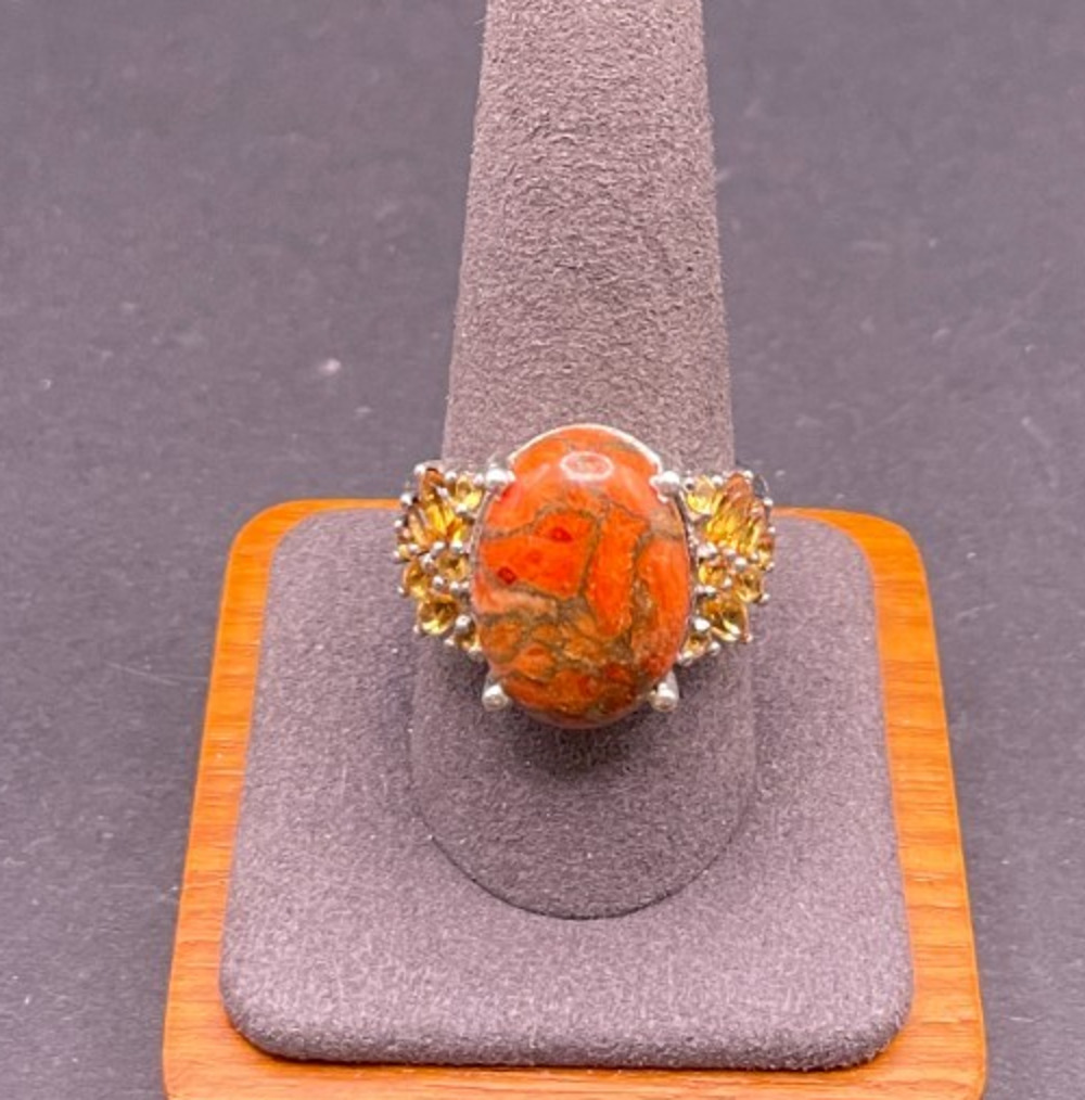 Vintage Spiny Oyster Cabochon & Citrine Gemstone Sterling Silver 925